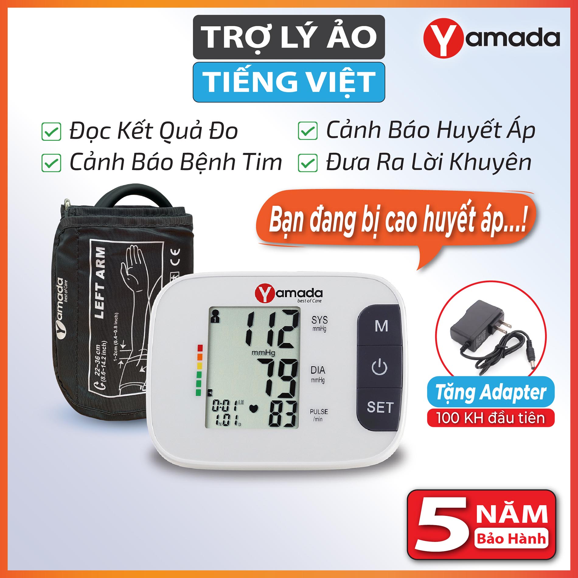 Máy Đo Huyết Áp Yamada 1358 - Công Nghệ Đo True Smart+, Trợ Lý Ảo Tiếng Việt, Cảnh Báo Nhịp Tim