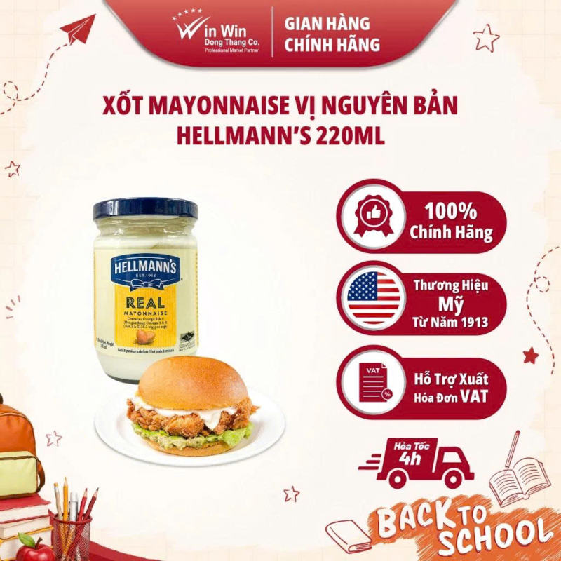 Xốt Mayonnaise Vị Nguyên Bản Hellmann’s 220ml - Thương Hiệu Mỹ SX Thái Lan | Hellmann’s Real Mayonnaise 220ml
