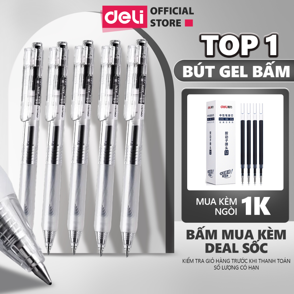 Combo 20 Bút bi bút gel bấm mực đen xanh DELI ngòi 0.5mm Bút bi nước viết mực đen cho học sinh - A57