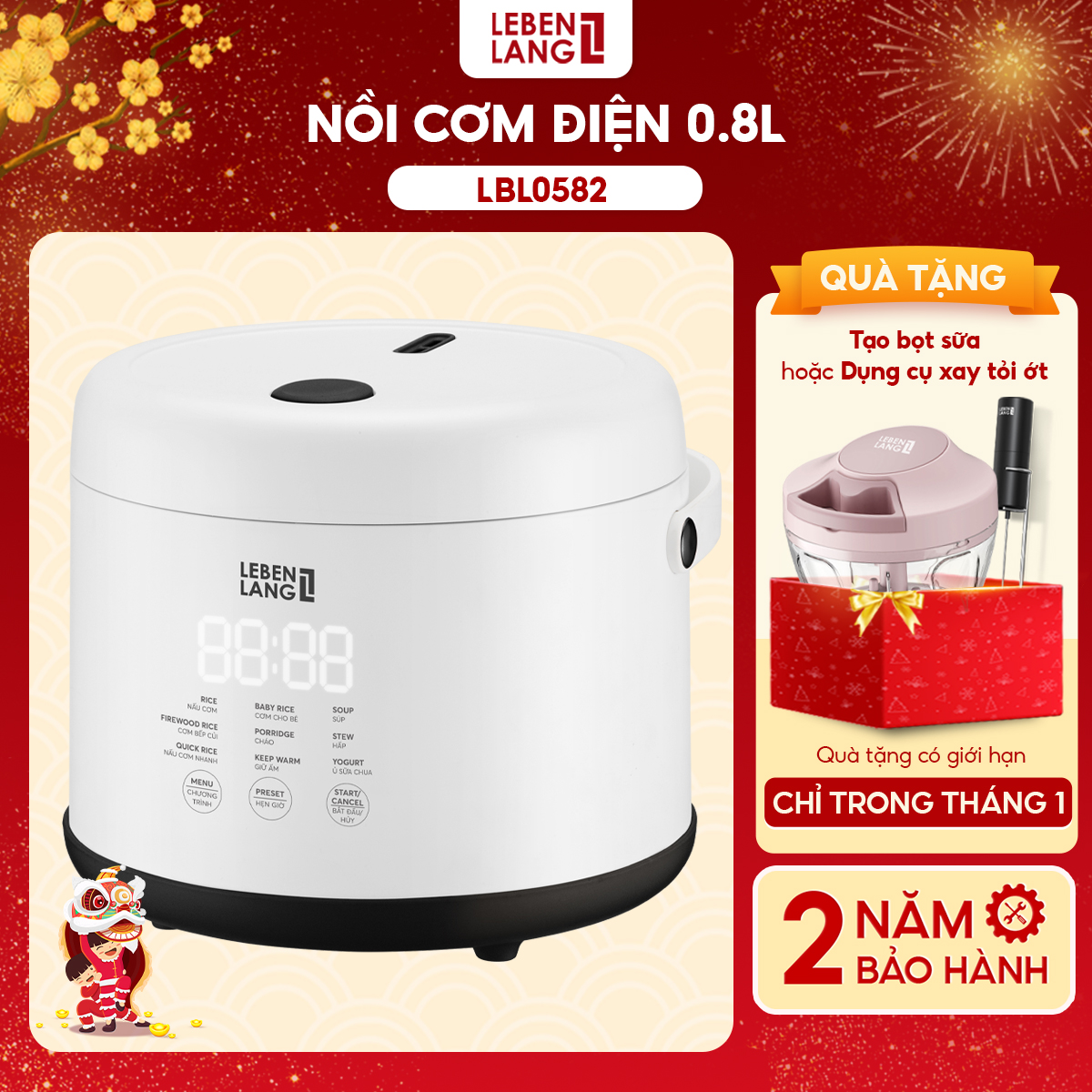 Nồi cơm điện mini Lebenlang dung tích 800ml công suất 250W nhỏ gọn bảo hành 2 năm 1 đổi 1 - LBL