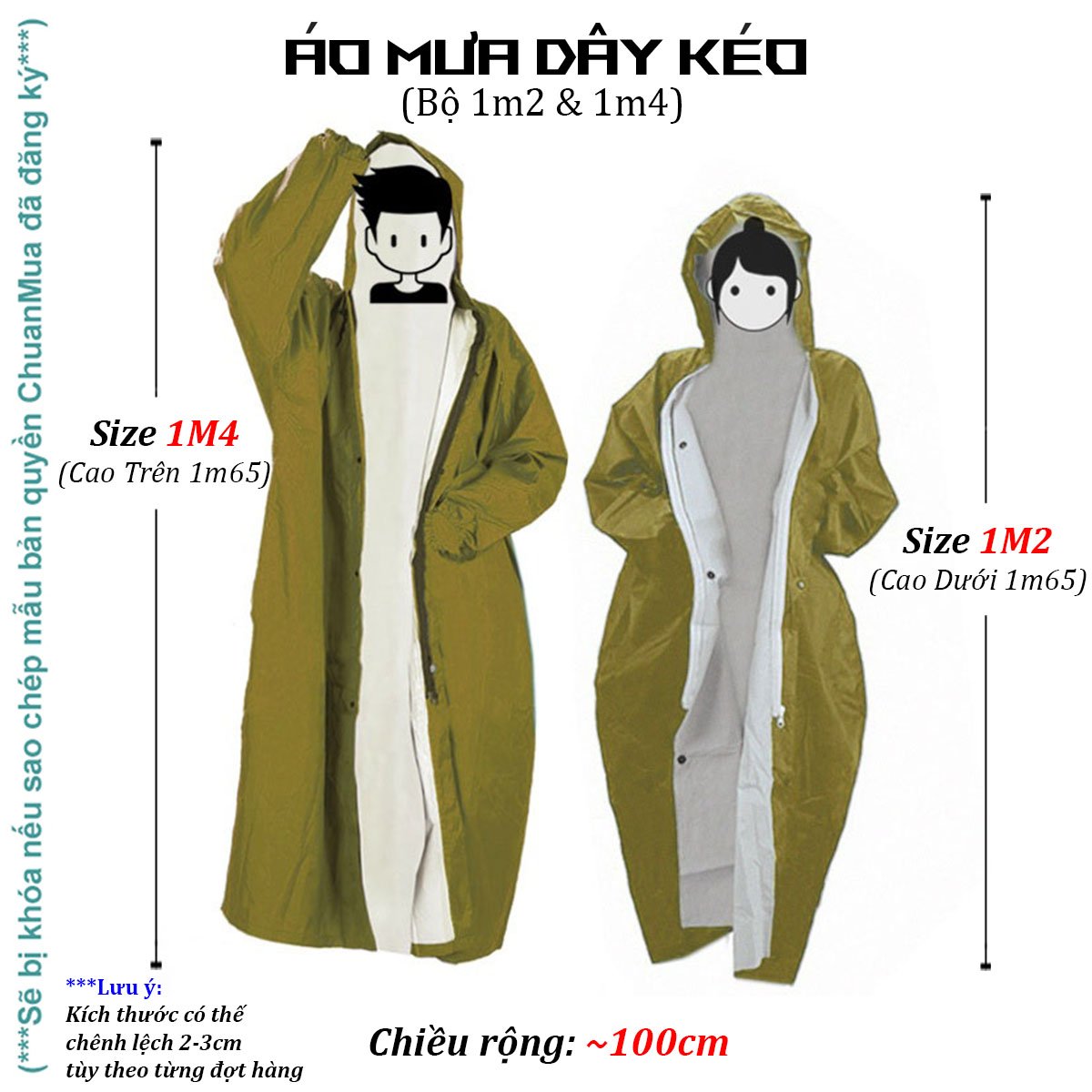 Áo Mưa Khóa Kéo 1 Người Lớn Kín Người Bín Hông Áo Mưa Măng Tô Nam Nữ Vải Tổ Ong Cao Cấp ( Tay Bo Chú