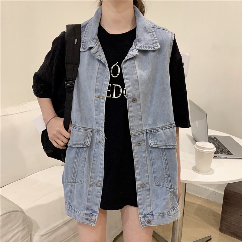 Áo gile jean nam nữ cá tính áo khoác bò dáng rộng phong cách Ulzzang Hàn Quốc_G3