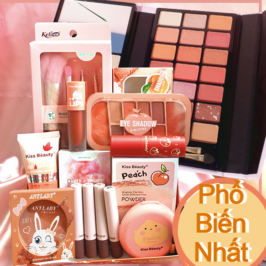 [Hcm][Peachy Sis Shop] Trọn Bộ Mỹ Phẩm Trang Điểm Chuyên Nghiệp 12 Món Đầy Đủ Nhất (1X Bộ Cọ Trang Điểm 4 Món+1Xbb Kem +1X Phấn Phủ Trang Điểm +2X Khay Trang Điểm +1X Má Hồng +1X Mascara +1X Kẻ Mắt +3X Son Bóng +1X Son Môi)