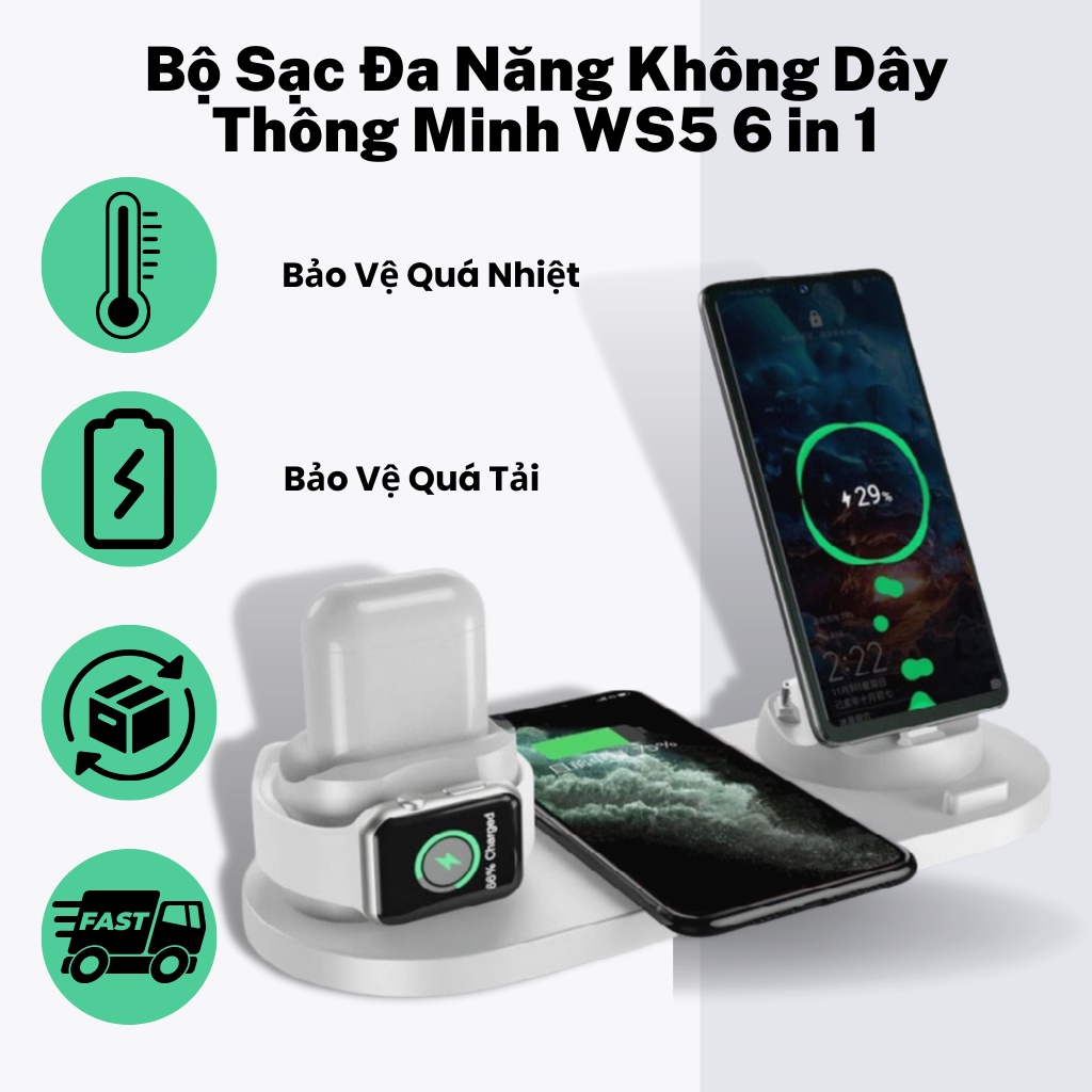 [100% Chính hãng] Sạc cảm ứng Sạc không dây iphone Sạc nhanh 6 trong 1 cho Apple Watch và Iphone Đế 