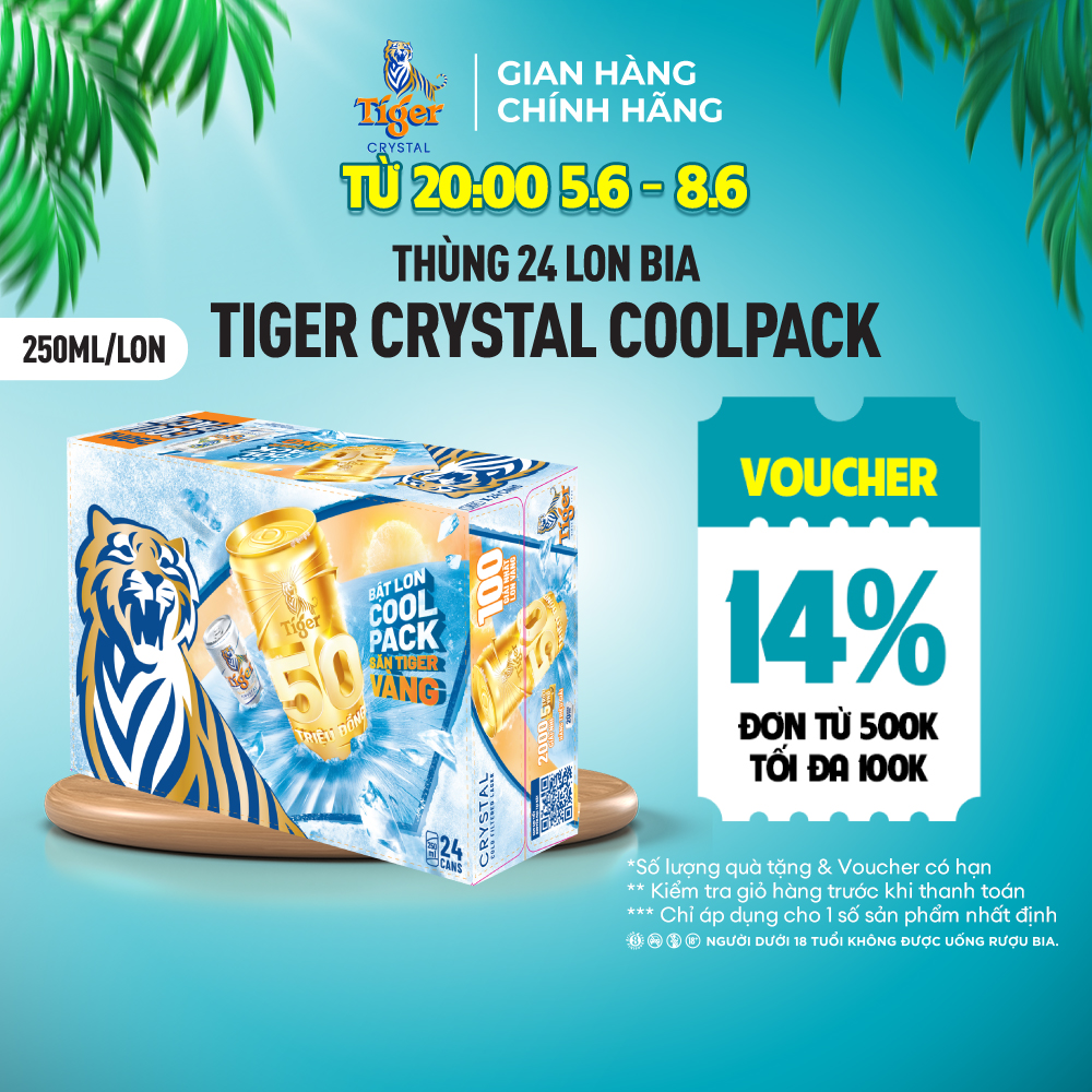 Thùng 24 lon bia Tiger Crystal Coolpack 250ml/lon - Săn Tiger Vàng