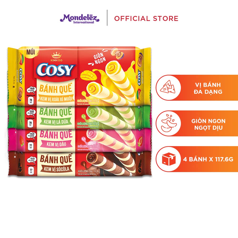 Bánh Quế Cosy 4 Vị (Socola Dâu Lá Dứa Xoài Xí Muội) Combo 4 Hộp X 117.6/126G
