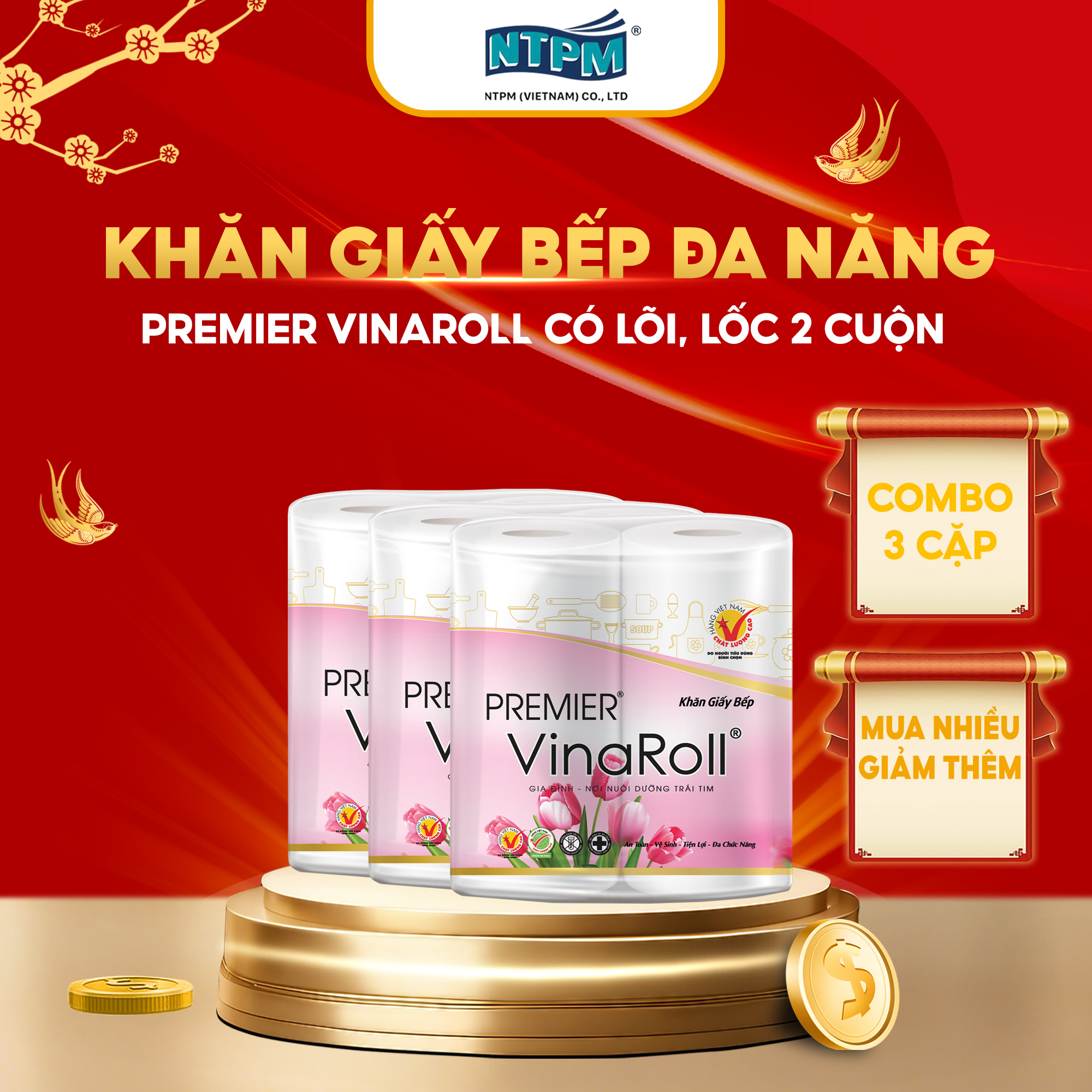 [COMBO 3 LỐC] Khăn giấy bếp đa năng Premier VinaRoll có lõi 2 lớp 100% bột giấy nguyên sinh không ch