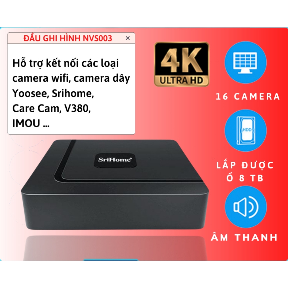 Đầu ghi hình camera IP 16 kênh 8MP/4K Srihome dùng cho dahua imou hikvisionYoosee Onvif hỗ trợ ổ cứng 8TB NVS003 4K