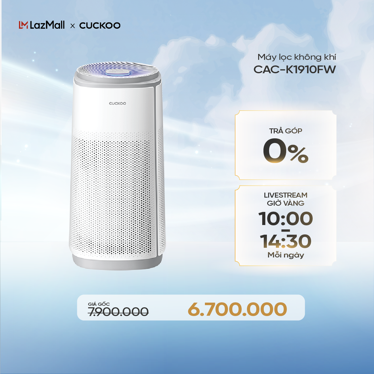 Máy lọc không khí Cuckoo CAC-K1910FW - Kích thước 67m², Bộ lọc 3 lớp, LED hiển thị chỉ số PM2.5