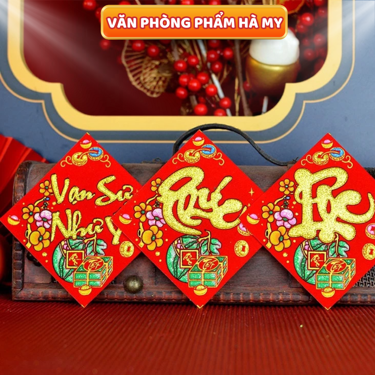 Xấp 10 Cái Thẻ Chữ Thư Pháp Nhung Đỏ Sẵn Keo Dán Trang Trí Tết Dán Trái Cây