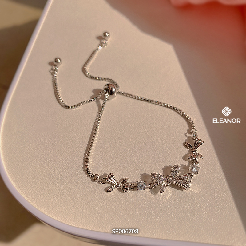 Vòng tay nữ bạc 925 dây rút Eleanor Accessories lắc tay mặt hình nơ đính đá phụ kiện trang sức 5772