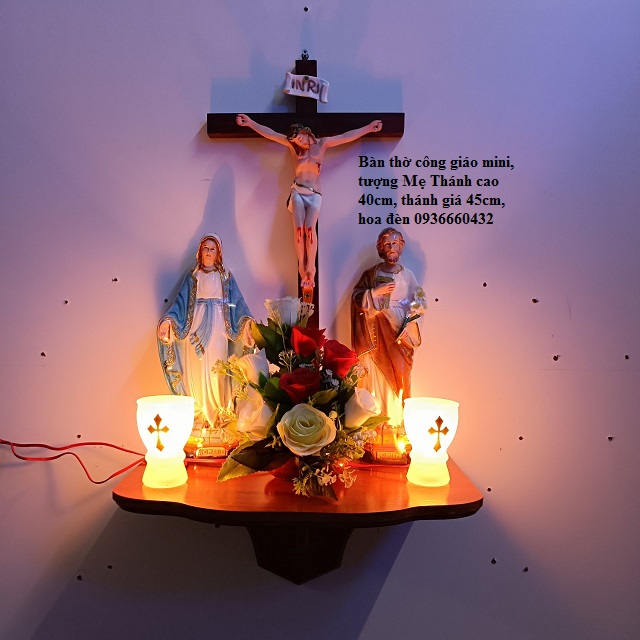 BỘ BÀN THỜ THIÊN CHÚA CÔNG GIÁO MINI TƯỢNG MẸ THÁNH 30CM THÁNH GIÁ CHÚA 40CM KỆ THỜ GỖ NGANG 40x25(C