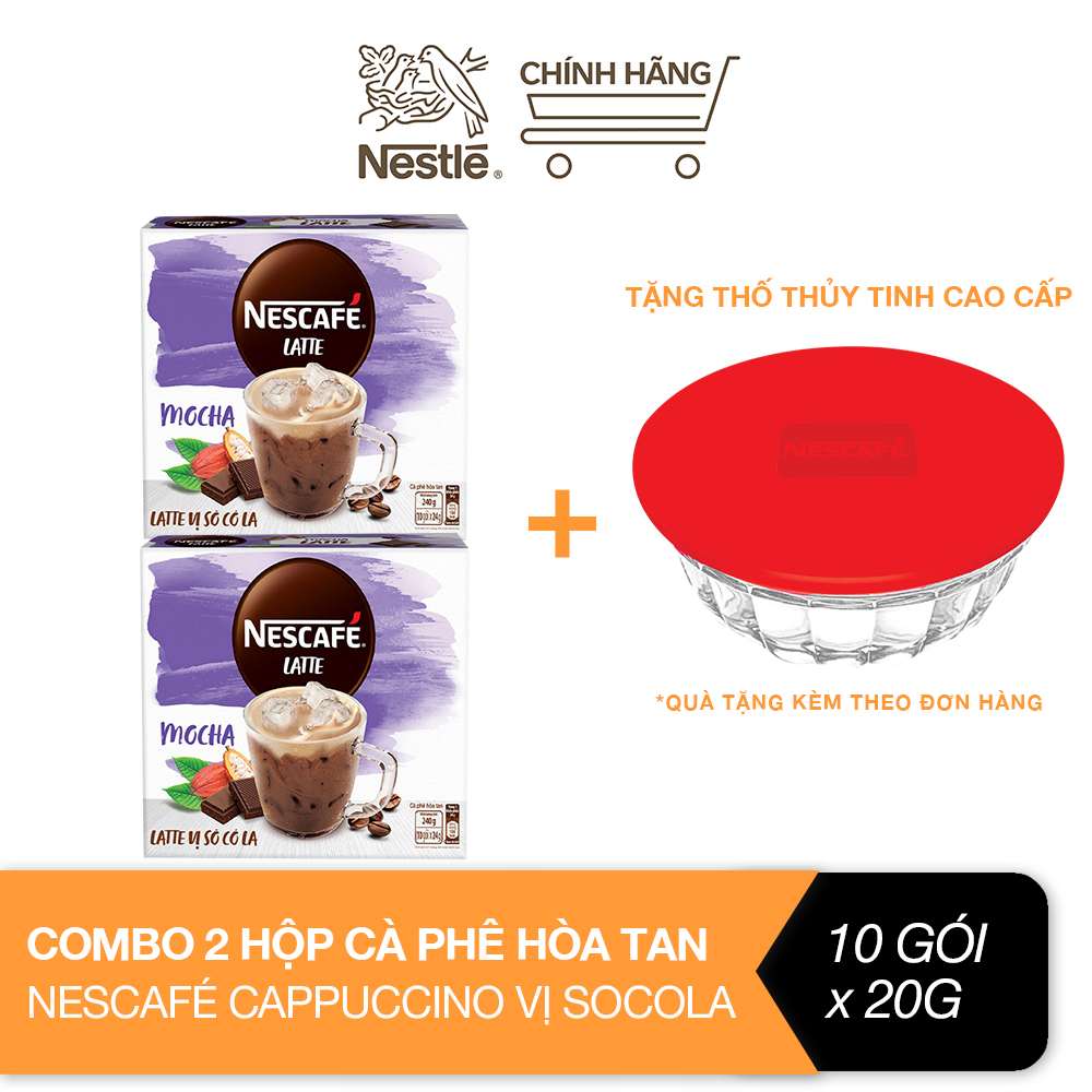 [Tặng thố thủy tinh cao cấp] Combo 2 Hộp cà phê hòa tan Nescafé Latte vị sô cô la (Hộp 10 gói x 24g)