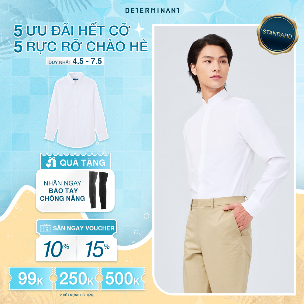 Áo Sơ Mi Nam Cổ Trụ DETERMINANT 100% Cotton Chống Nhăn Kháng Khuẩn - 302 - Màu Trắng