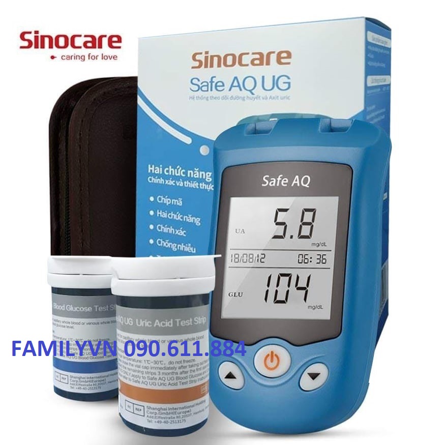 Máy đo đường huyết Axit Uric 2 trong 1 Sinocare Safe AQ UG Tặng kèm 50 que thử đường huyết và 50 que thử Axit Uric