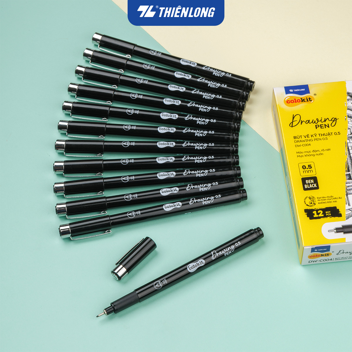 Combo 12 Bút kim kỹ thuật - Drawing Pen Thiên Long Colokit - Mực kháng nước đậm rõ nét