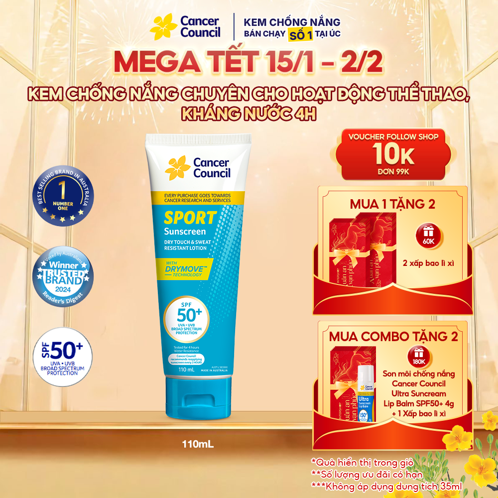 Kem chống nắng dùng khi chơi thể thao Cancer Council Sport Sunscreen Dry Touch & Sweat Resistant Lot