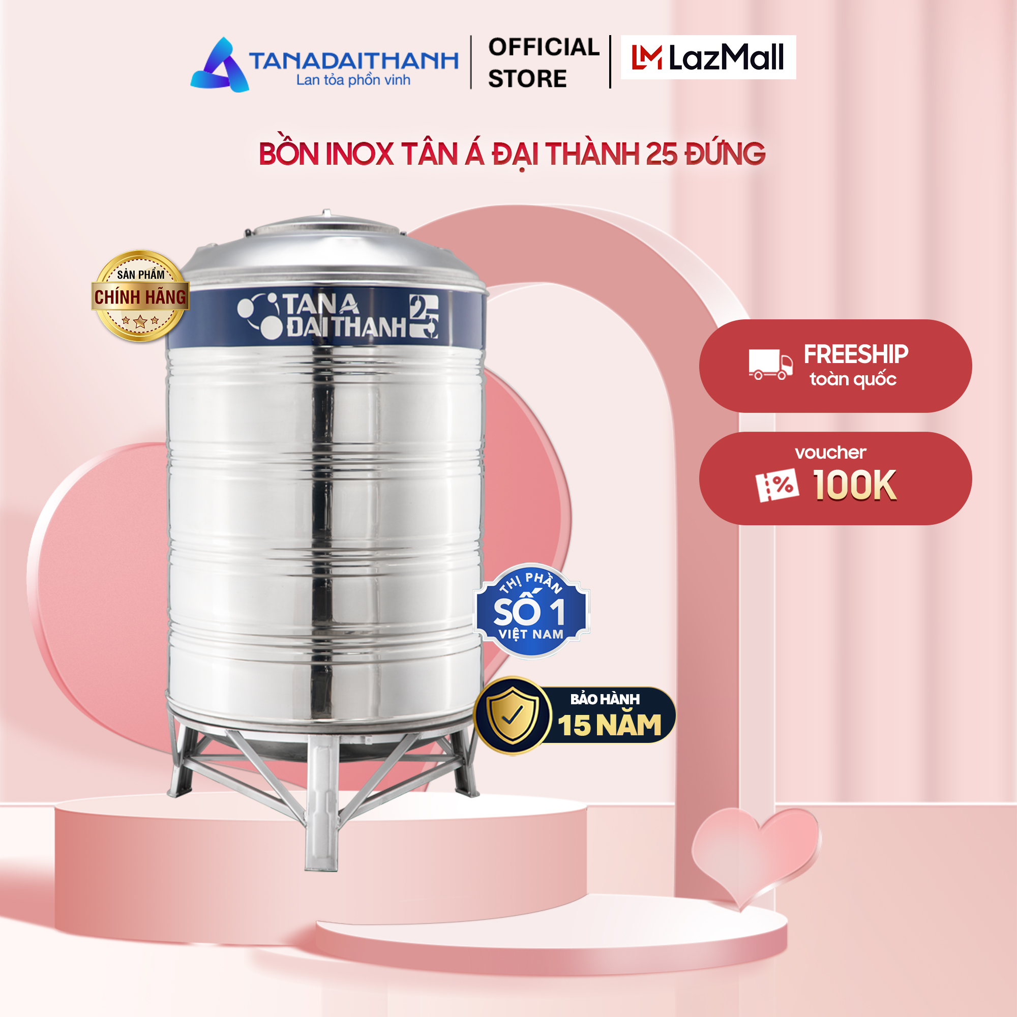 Bồn nước inox Tân Á Đại Thành 25 Đứng 1000L 1500L 2000L Chính hãng Chỉ bán khu vực miền Bắc Bảo hành