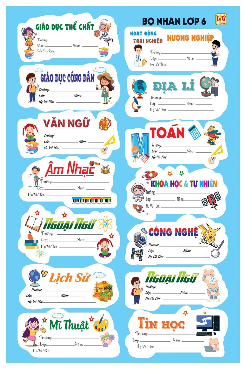 Combo 70 Nhãn Tem Môn Học Lớp 6- 7- 8- 9 ( 70 Nhãn )