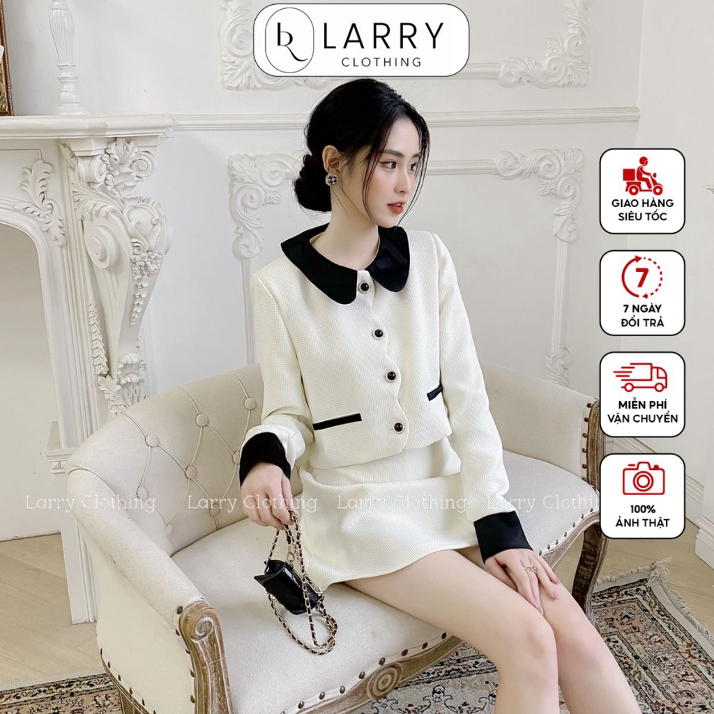 Set dạ tweed nữ thiết kế tay dài màu trắng cổ đen kèm chân váy tiểu thư thời trang trang thiết Larry Clothing S734