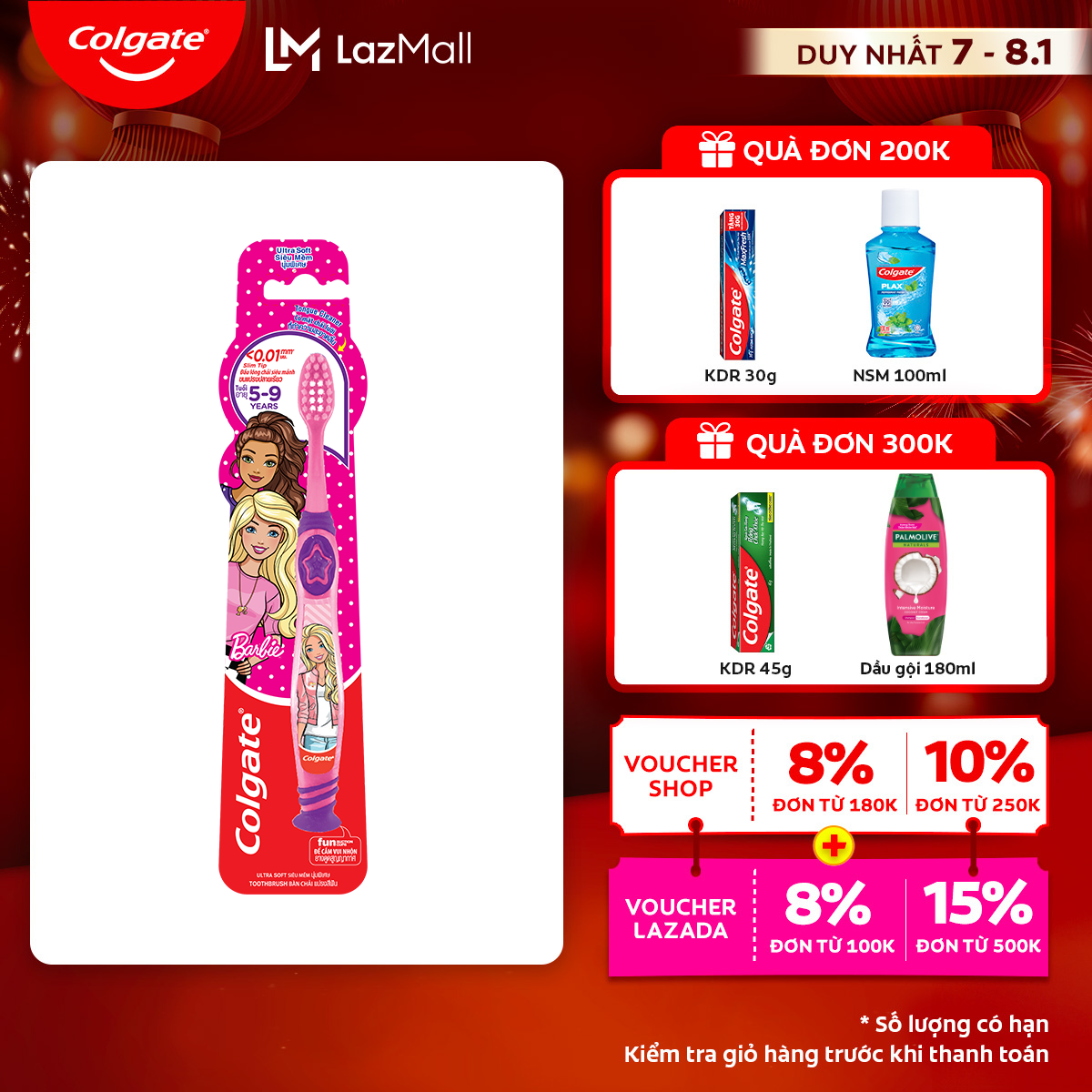 [Chỉ 7-8.1_Áp Voucher giảm thêm đến 23%]Bàn chải đánh răng Colgate họa tiết Barbie dành cho trẻ