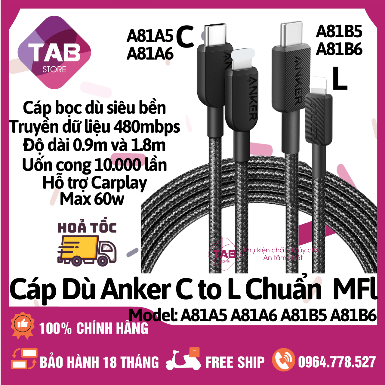 Cáp Dù Anker C To L Chuẩn MFl - A81A5 A81A6 A81B5 A81B6 (Bảo Hành 18 Tháng)