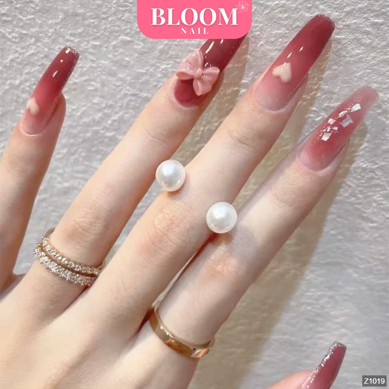 Móng Tay Giả Nail Box Đính Đá Đính Charm Nơ Kiểu Dài Màu Hồng Bloom Nail Z1019