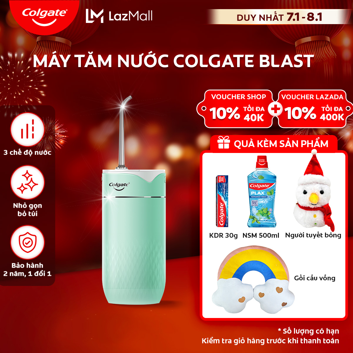 [Chỉ 7-8.1_Voucher giảm thêm 206K]Máy tăm nước Colgate Blast nhỏ gọn chống thấm nước pin sạc sạch sâ