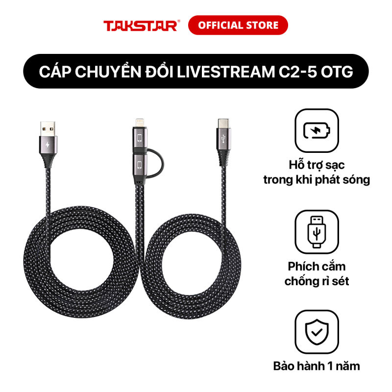 Cáp dữ liệu Livestream OTG Takstar C2-5 Hỗ Trợ Sạc Chất Liệu Nhôm Không Rỉ Bảo Hành 1 Năm