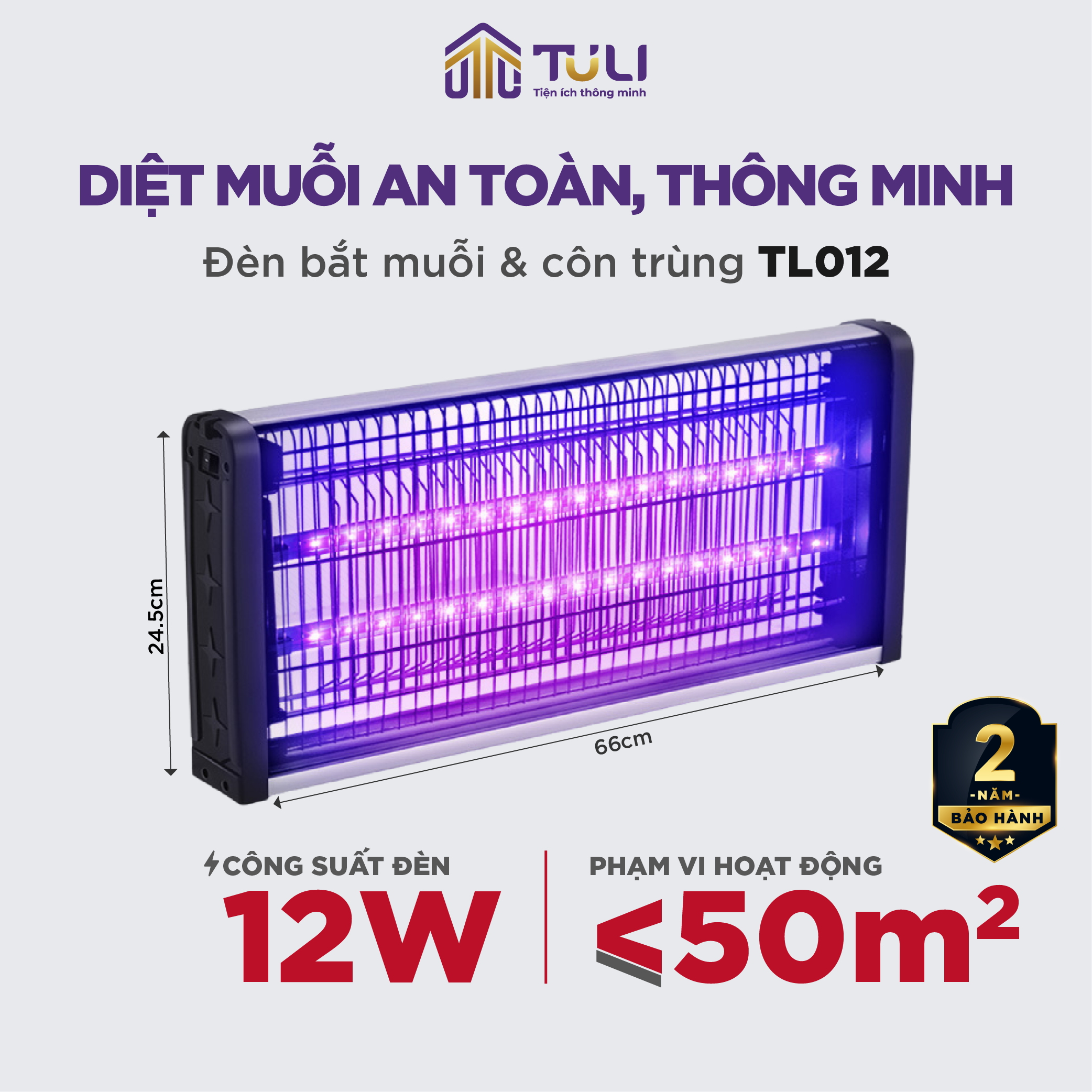 Đèn Bắt Muỗi TULI TL012 - 12W, Kích thước 660x245x60mm, Thu Hút và Diệt Côn Trùng Hiệu Quả