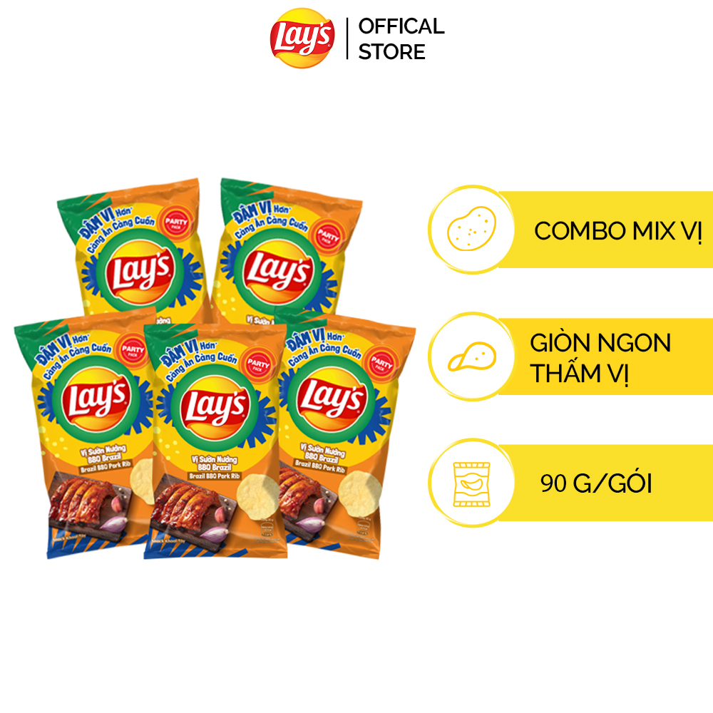 Combo 5 gói Snack Khoai Tây Lays Vị Sườn Nướng BBQ Brazil 90g