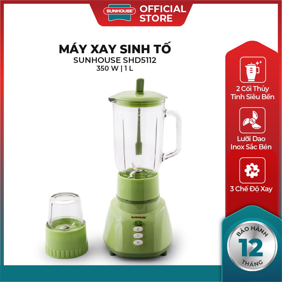 Máy xay sinh tố SUNHOUSE SHD5112 (Xanh) - Công suất 350W - Dung tích 1L - Bảo hành 12 tháng - Hàng c