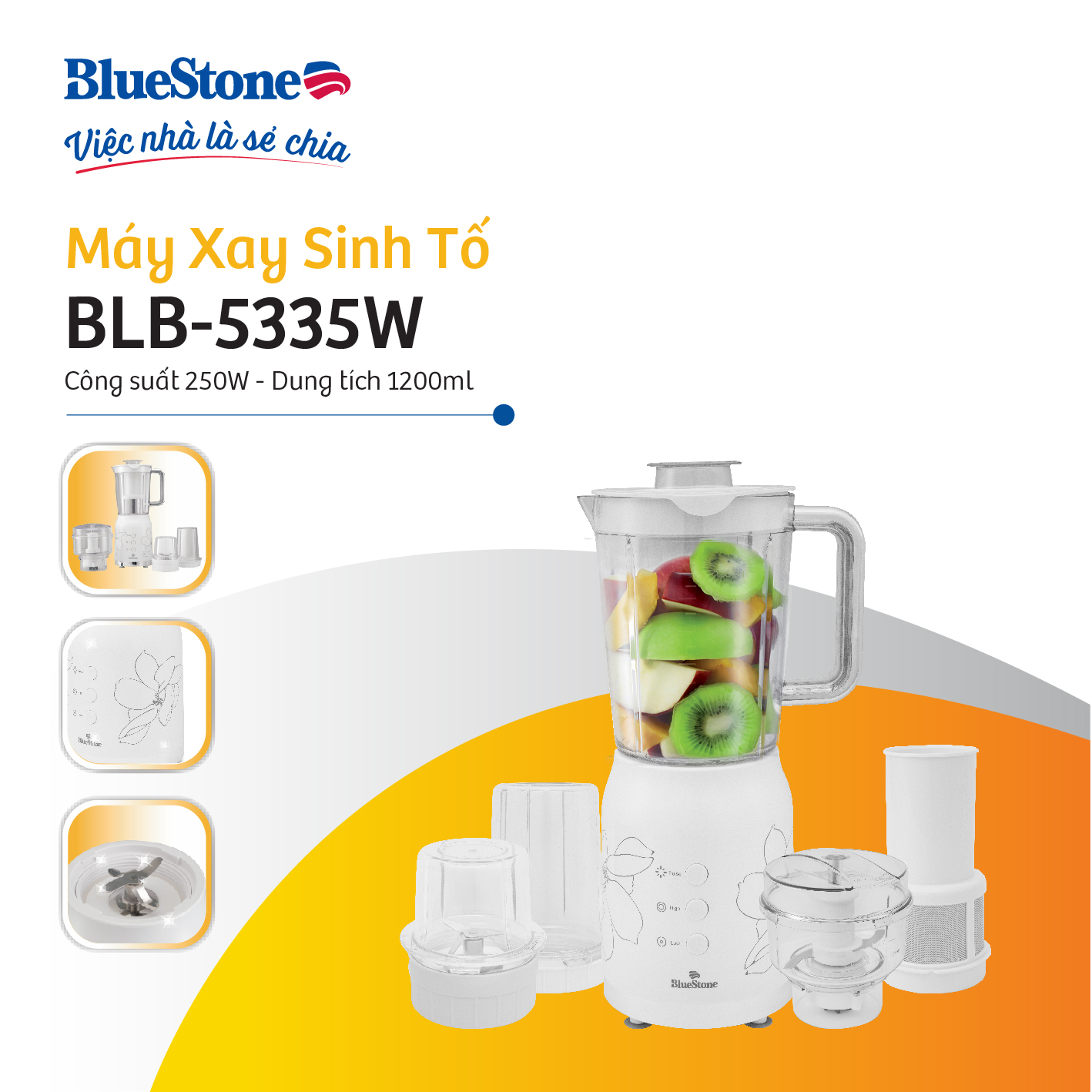 Máy xay sinh tố đa năng 4 cối BlueStone BLB-5335W - Bảo hành 2 năm - Hàng chính hãng