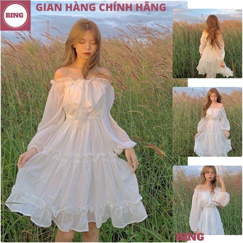 Váy Babydoll trễ vai dài tay chất tơ óng váy trễ vai thời trang dễ thương,  Đầm công chúa dáng suông chữ A tay bồng, SEE | Shopee Việt Nam