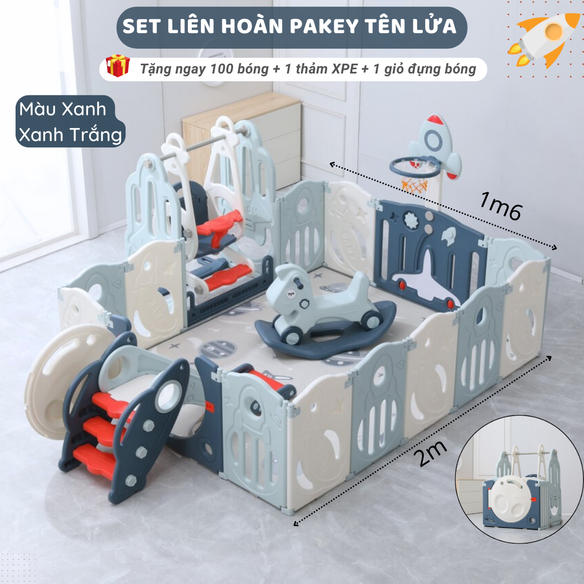Quây cũi nhựa gấp gọn FULL set PAKEY Tên Lửa KÈM cầu trượt xích đu cho bé sẵn 3 màu mẫu mới nhất