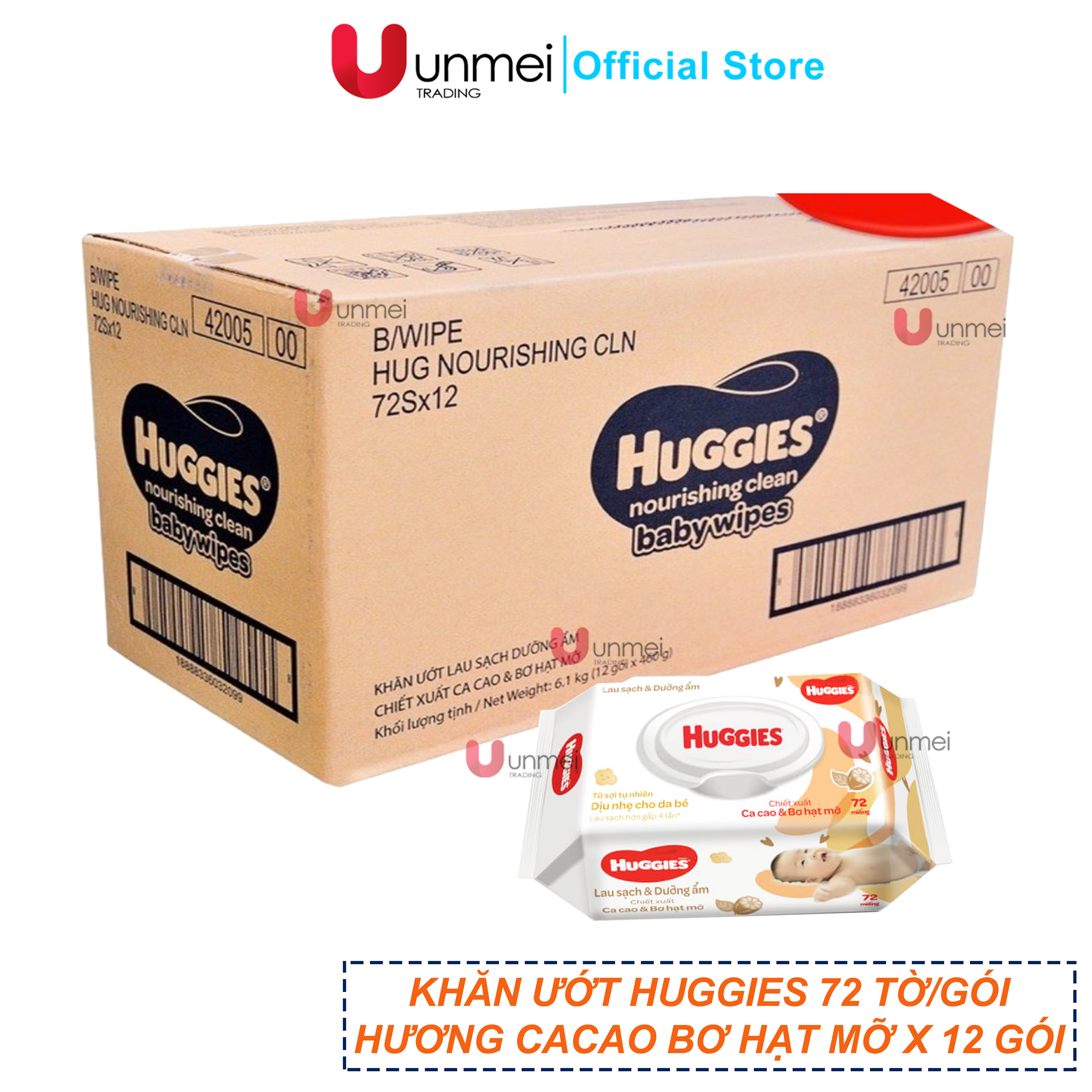[Hỏa Tốc Tại HCM] Thùng 12 gói Khăn ướt Huggies chiết xuất Cao cao và Bơ hạt mỡ (72 miếng/gói):
