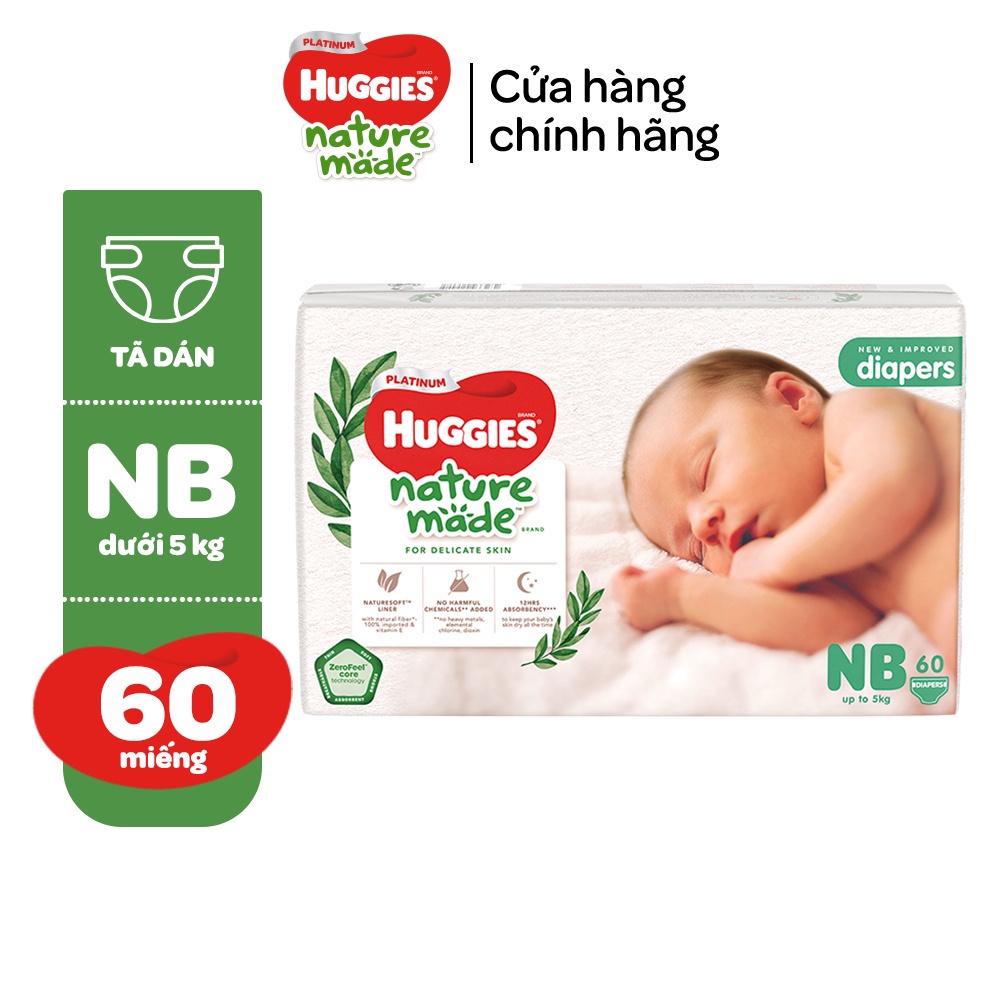 Tã/Bỉm dán sơ sinh Huggies Platinum NatureMade Super Jumbo NB60/S82