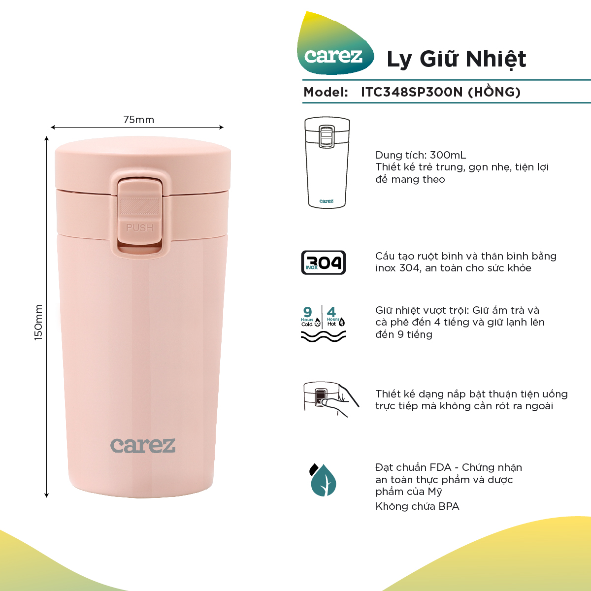 Ly Giữ Nhiệt Carez ITC348SP300N - HỒNG - 300ml Inox 304 Không chứa BPA - Giữ nóng đến 8 tiếng giữ lạ