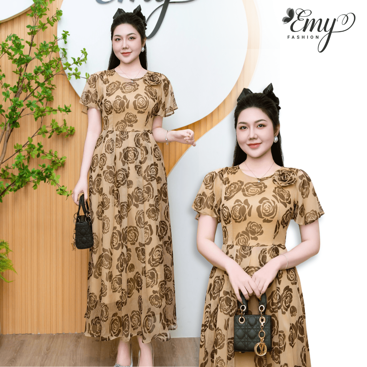 Đầm Maxi Dạo Phố  Vải Voan Tơ Hoa Nâu Kem EM9544 - Váy EMY