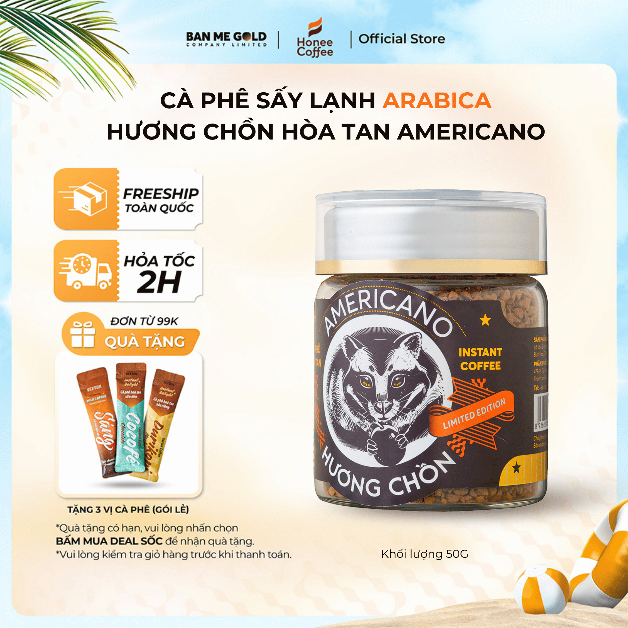 [HỎA TỐC] Cà Phê Arabica Hương Chồn Americano (50g) Cafe Chồn Hòa Tan Sấy Lạnh Arabica Thượng Hạng B