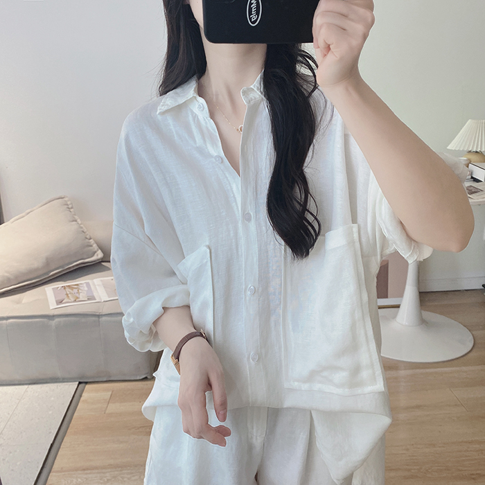 Áo sơ mi nữ form rộng cộc tay trễ vai Đũi Việt chất Linen thiết kế túi ngực trẻ trung mặc hè