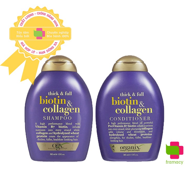 Cặp dầu gội và xả Biotin & Collagen OGX Mỹ (385ml) nuôi dưỡng phục hồi tóc hư tổn giảm rụng tóc làm tóc bóng mượt hơn