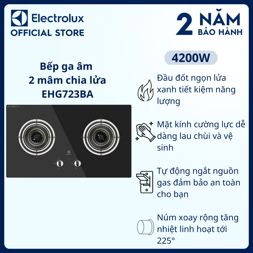 [Giao lắp 0Đ] Bếp ga âm Electrolux EHG723BA 2 mâm chia lửa 78cm - Tiết kiệm năng lượng ngắt kiểm s
