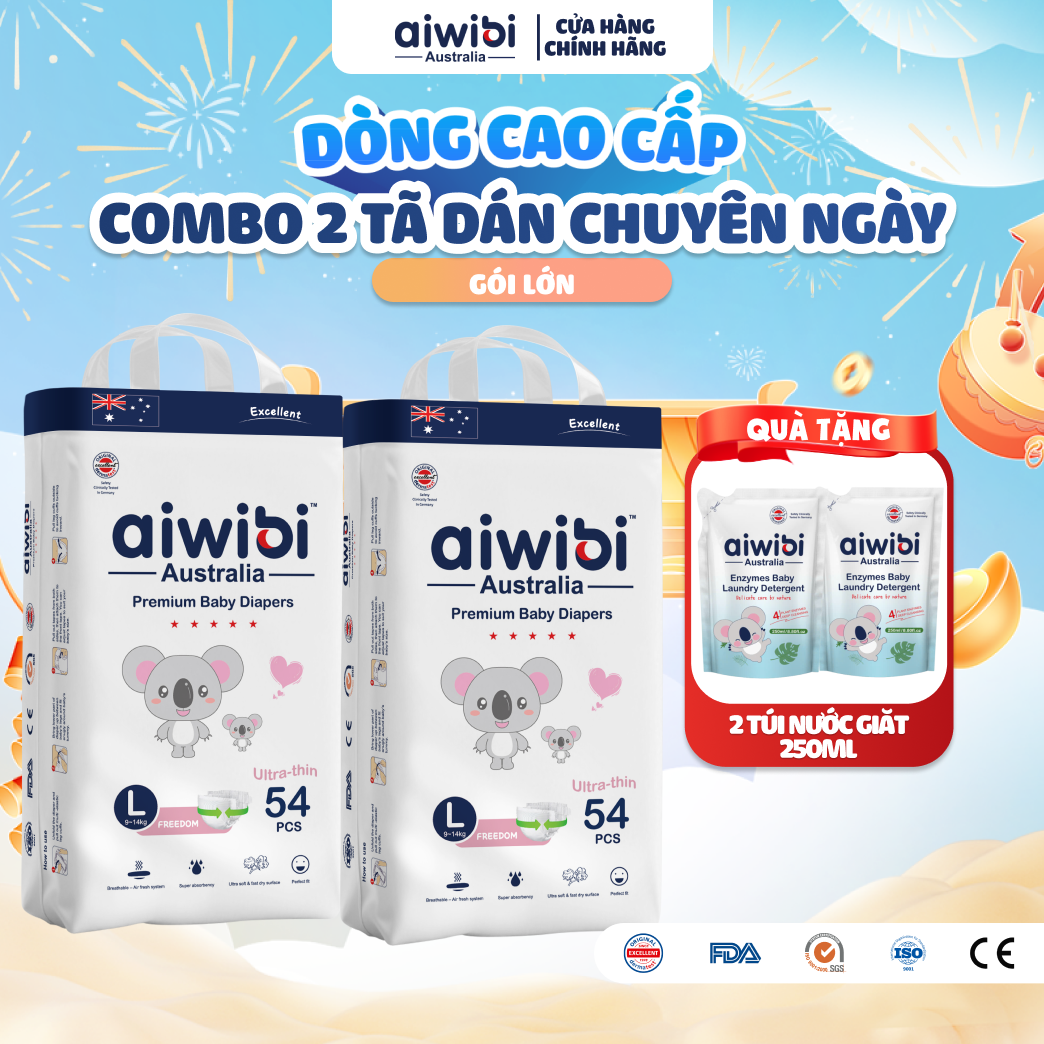 [Combo 2] Tã/Bỉm Dán Cao Cấp Aiwibi Light Feather Cho Bé Siêu Thấm Hút Chống Tràn - Gói Lớn S/M/L/XL