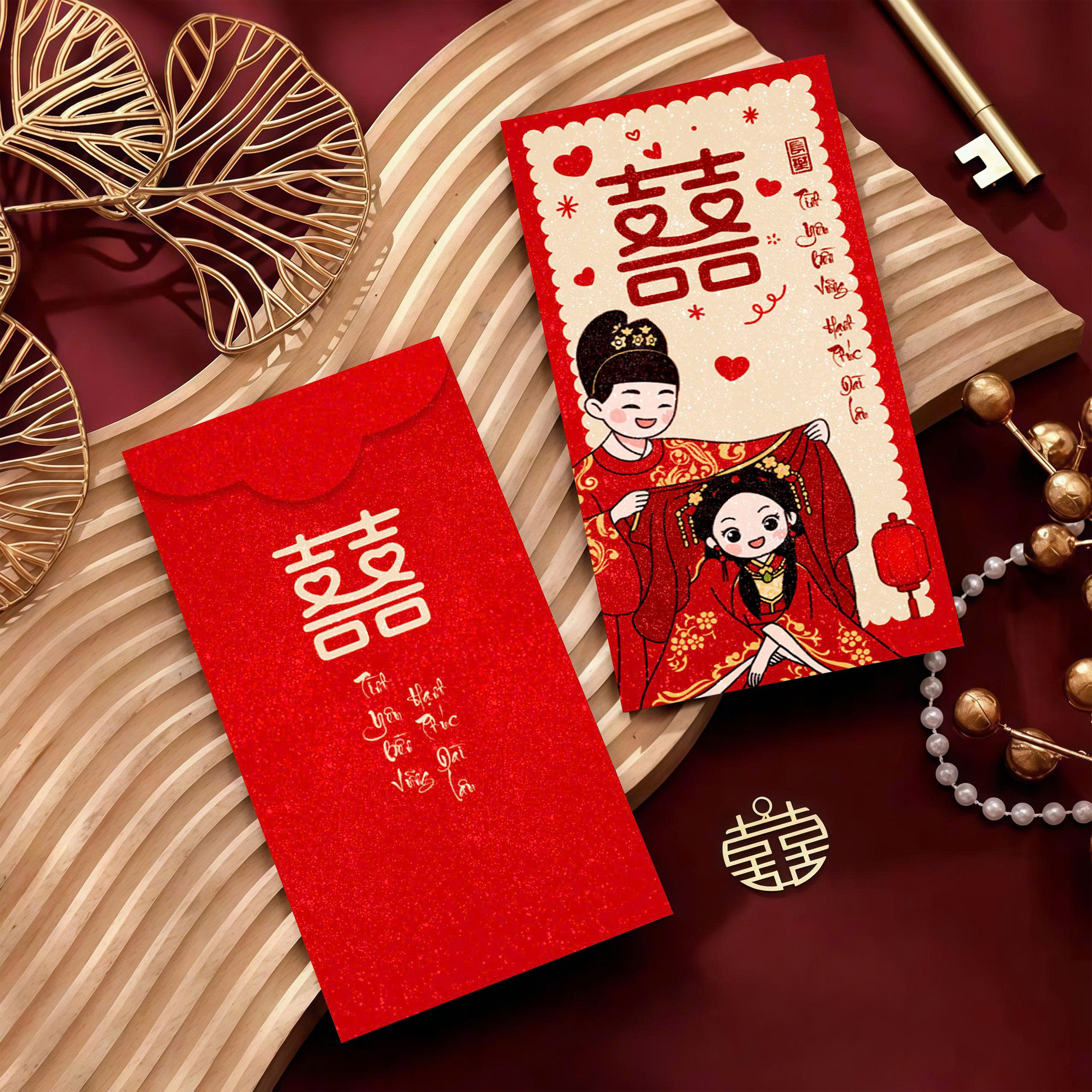 Set 6 Bao Lì Xì Đám Cưới Đỏ Sang Trọng Cán Kim Tuyến – Lì Xì Bê Tráp Trao Duyên Ăn Hỏi Bưng Quả