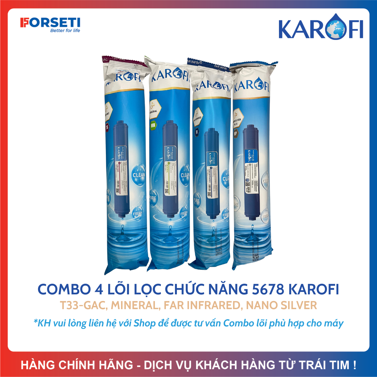 Trọn Bộ 8 Lõi Lọc Nước KAROFI Dùng Cho Máy Lọc Nước KAROFI E8RO - Màng RO 100GPD đúc cắm nhanh (Hàn 