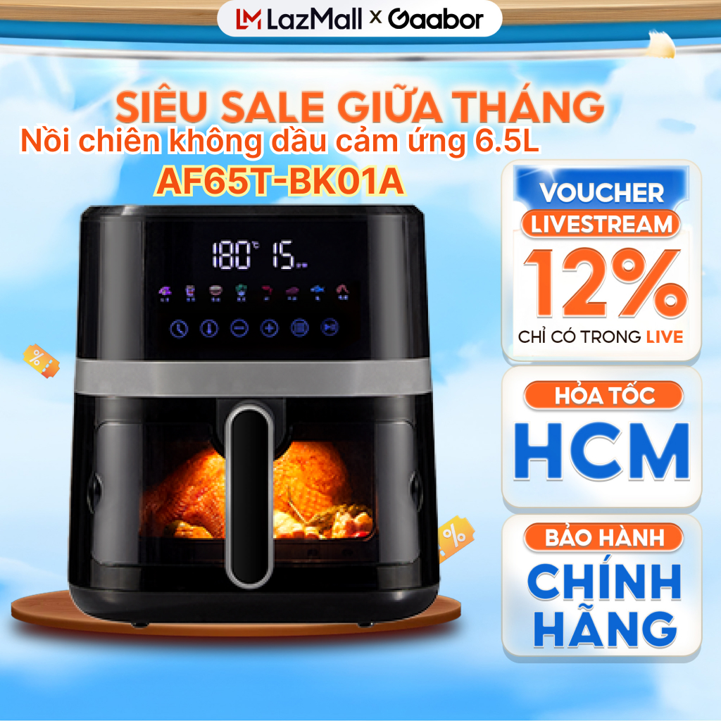Nồi chiên không dầu 6.5L cảm ứng kính trong suốt Gaabor AF65T-BK01A vùa con gà 1.8kg công suất 1500W