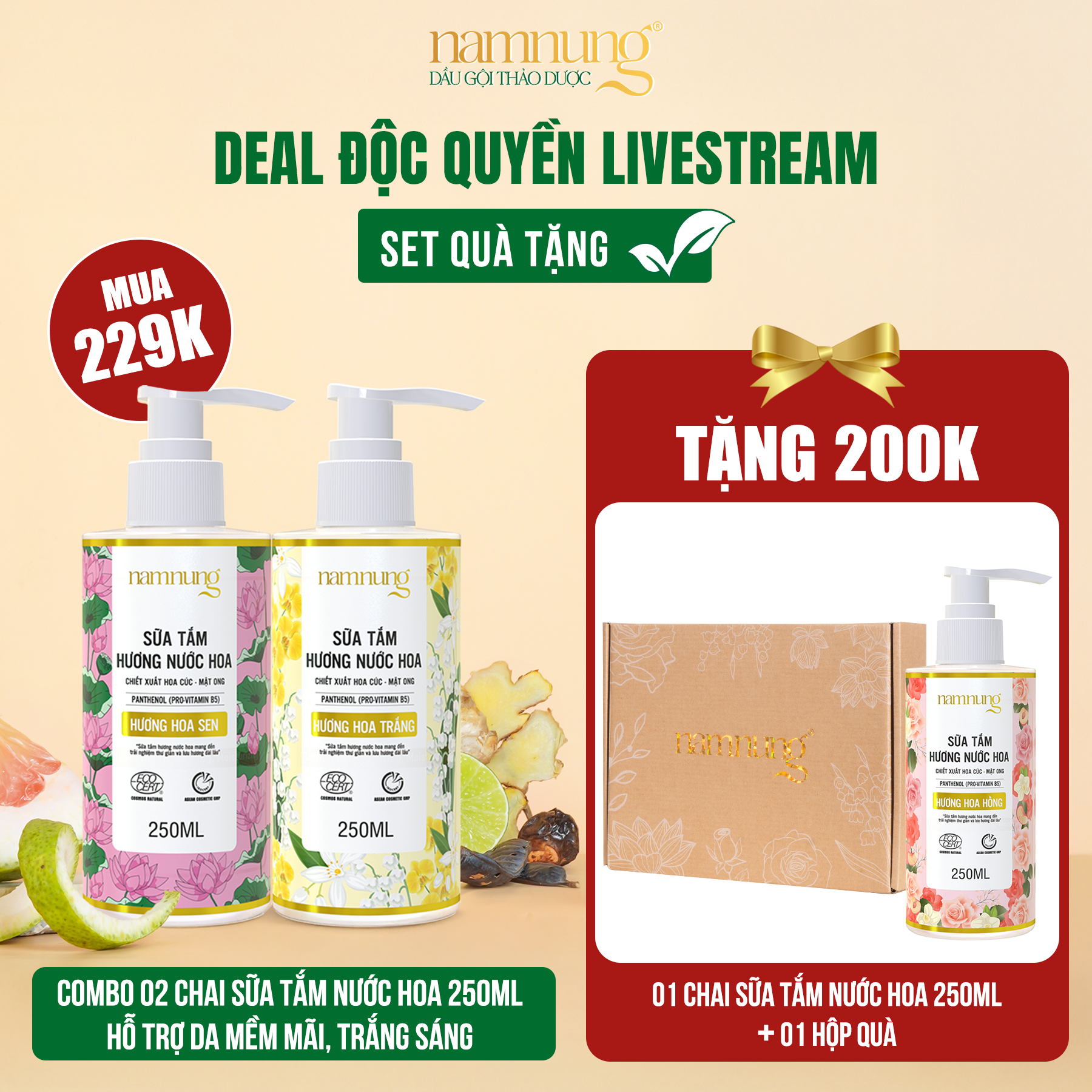Mua 1 combo 2 chai sữa tắm nước hoa NAM NUNG tặng 1 chai sữa tắm nước hoa cùng dung tích 250ml kèm 1
