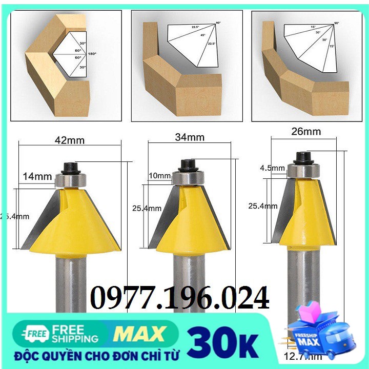 Bộ 3 mũi phay gỗ vát góc chéo 15 độ  225 đô  30 độ