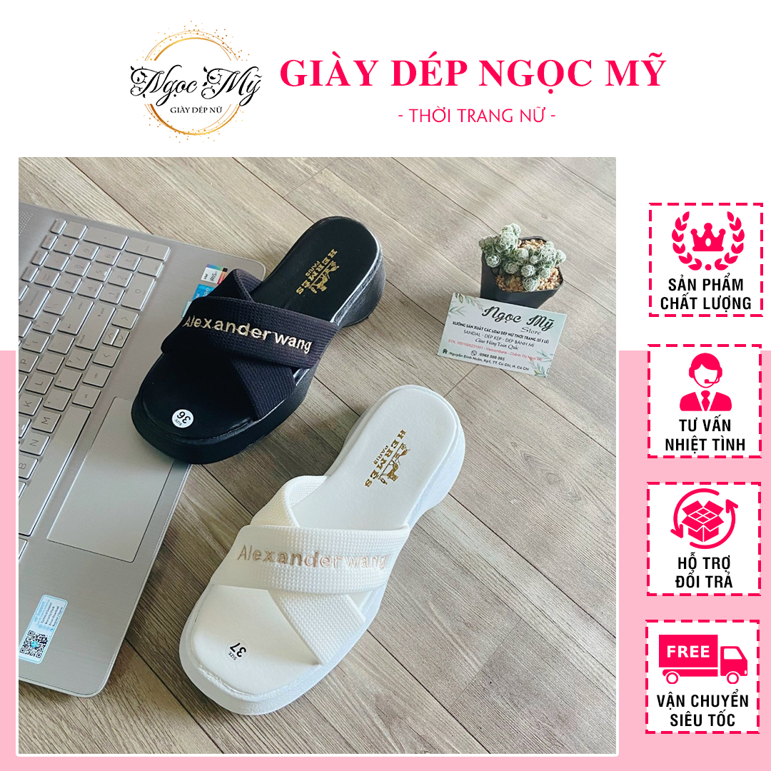Dép bánh mì đế cao Giày Dép Ngọc Mỹ - Dép quai ngang hot trend quai chéo vải thêu chữ trend mới siêu